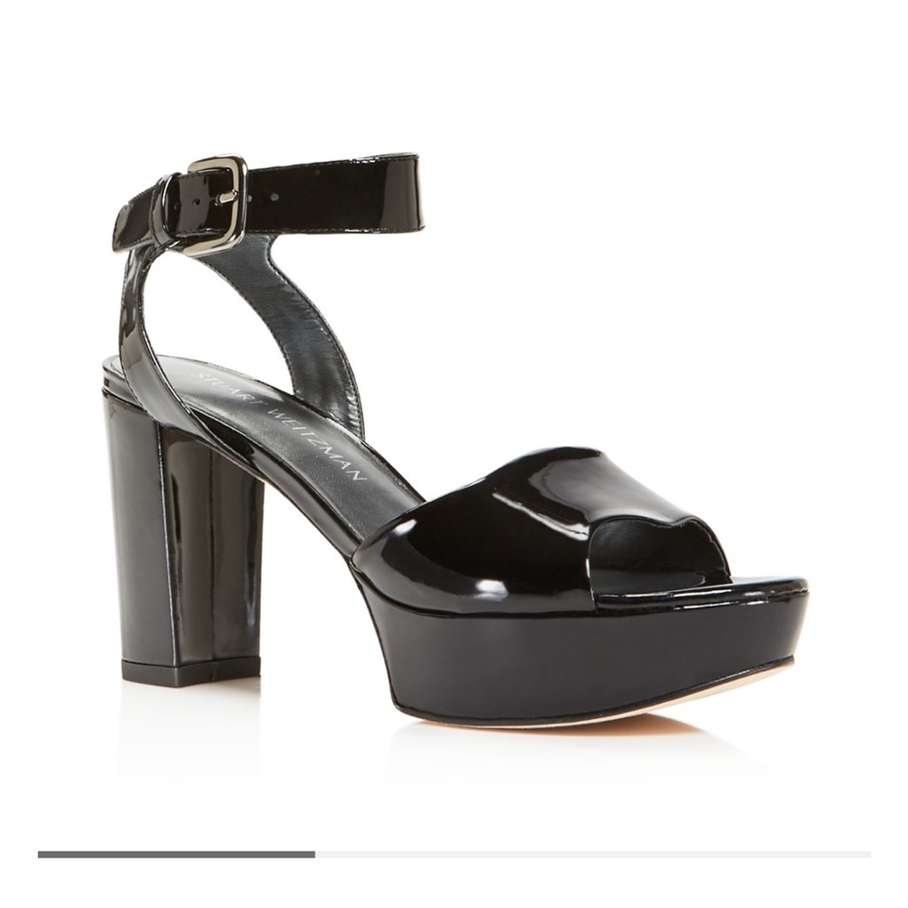 Stuart Weitzman Real Deal black patent platform healed sandal